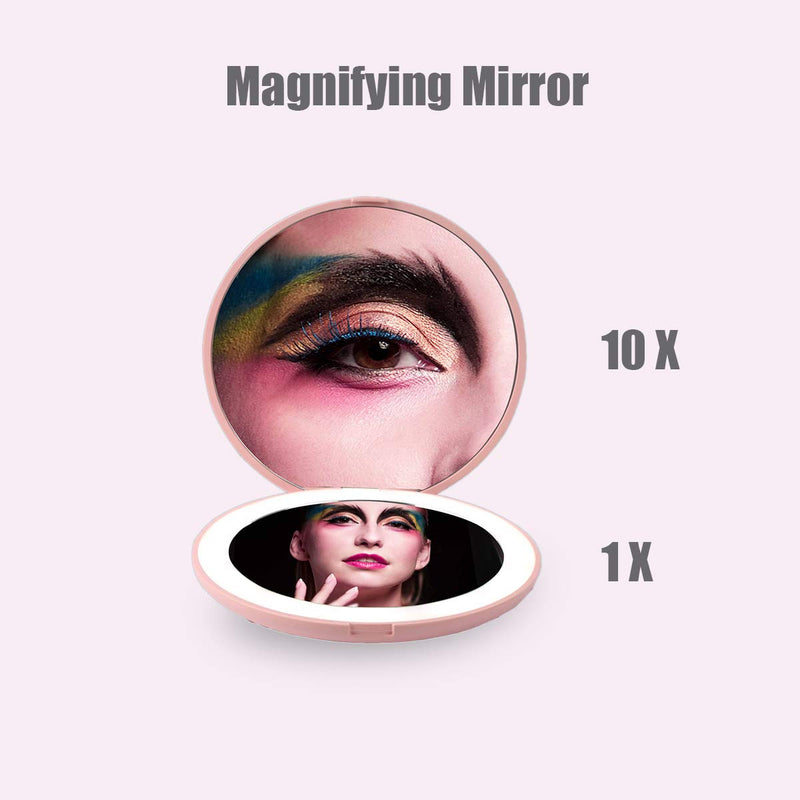 [Australia] - LED Travel Makeup Mirror, 3.5 inch Lighted Compact Mirror, 10X Magnification, Handheld, Double Sided, Portable Folding Mirror for Pocket, Purse, Gift, Pink, Round 3.5" Pink 