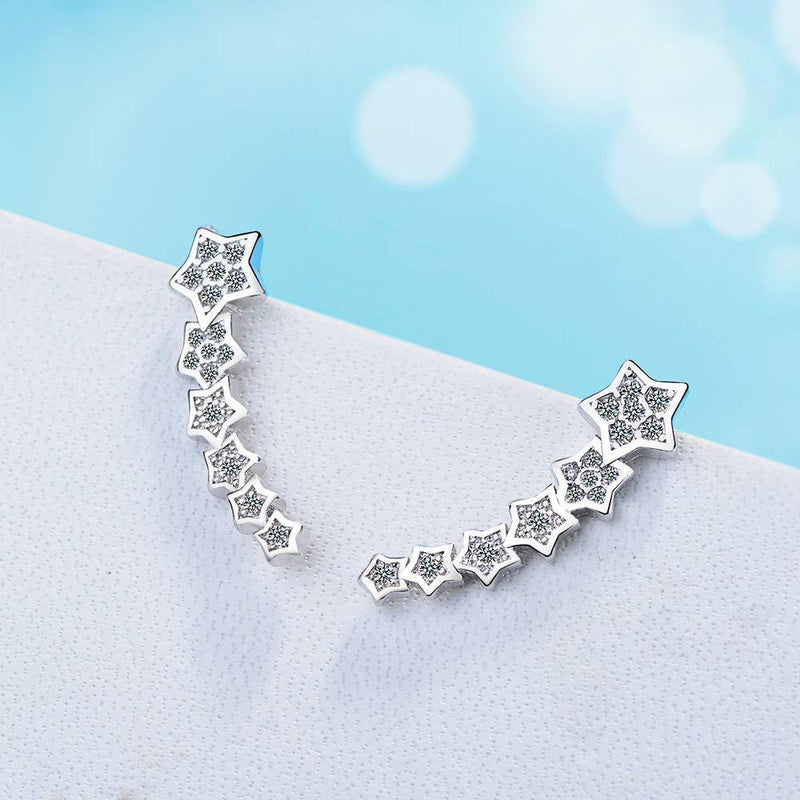 [Australia] - Cubic Zirconia Crystal Stars Cuffs Climber Ear Vine Wrap Stud Earring for Women Girls 925 Sterling Silver 