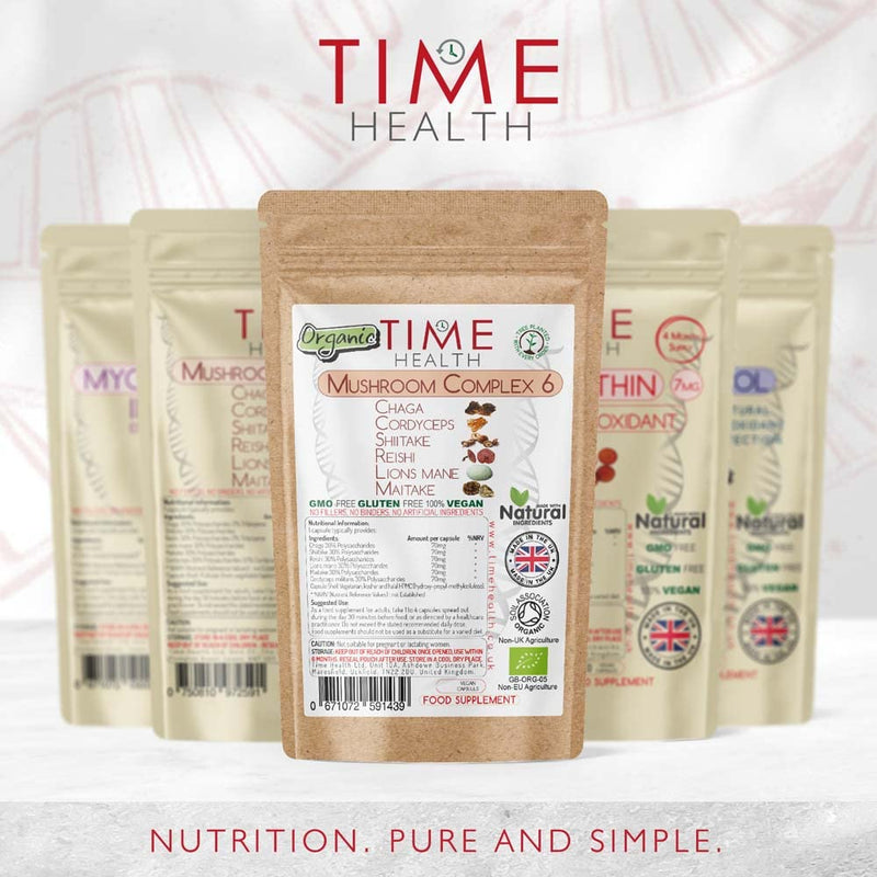 [Australia] - Mushroom Complex 6 Organic � High Strength 30% Polysaccharides - Chaga, Cordyceps, Shiitake, Reishi, Lions Mane, Maitake - UK Manufactured (120 Capsule Pouch) 