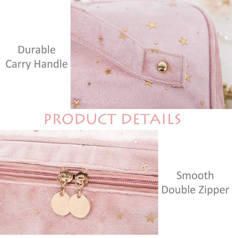 [Australia] - HOYOFO Women Velvet Makeup Bag with Makeup Brush Holder Travel Cosmetic Bags with Handle Starry Make up Pouch Bag, A Pink 