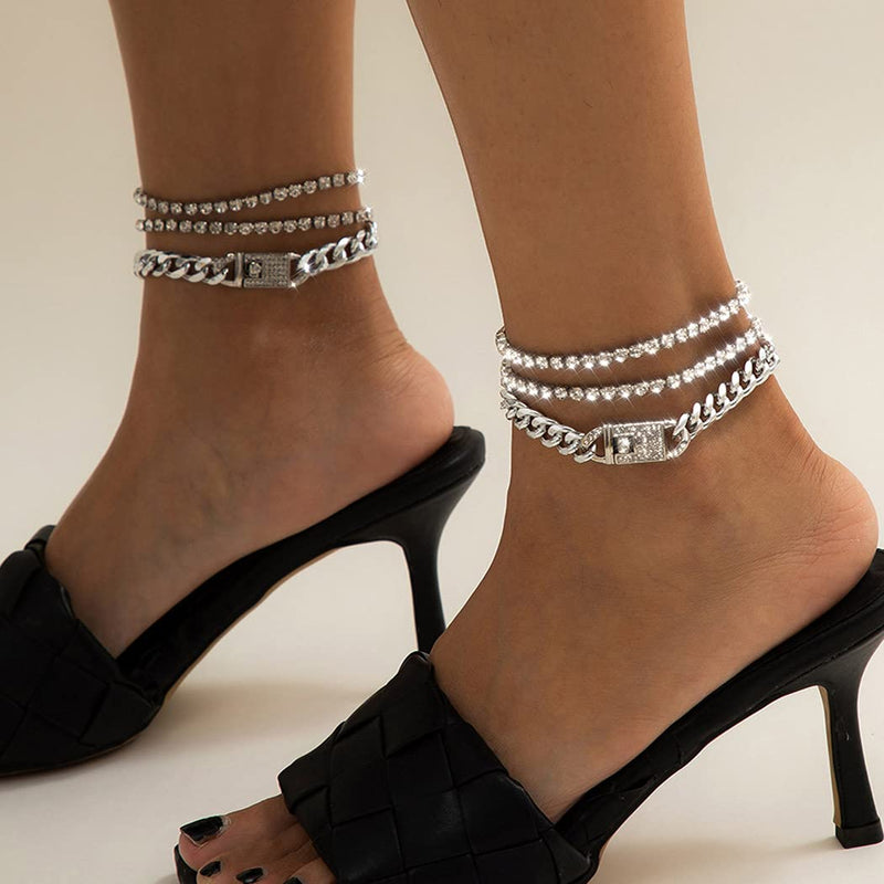 [Australia] - Woeoe Sparkly Rhinestone Tennis Anklet Silver Crystal Layered Ankle Bracelets Beach Foot Chain Jewelry for Women and Girls(1 Pair) 