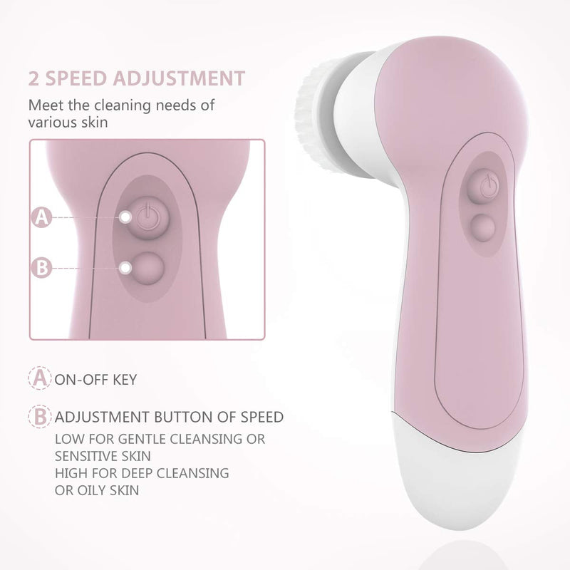 [Australia] - CLSEVXY Waterproof Facial Cleansing Spin Brush Set with 7 Exfoliating Brush Heads - Complete Face Spa System for Gentle Cleansing, Deep Scrubbing and Massaging Blush 