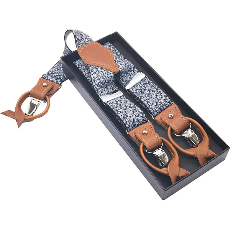 [Australia] - AYOSUSH Mens Suspenders Button End Leather with Strong Clips Adjustable Elastic One Size Grey Flowers 