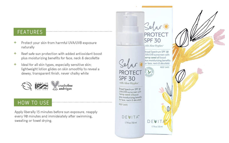 [Australia] - DeVita Solar Protect SPF30 Sunscreen For Face, Neck & Decollete with Aloe-Hyplex vegan anti-aging facial moisturizer cream with spf - for UVA/UVB - for dry mature normal skin 