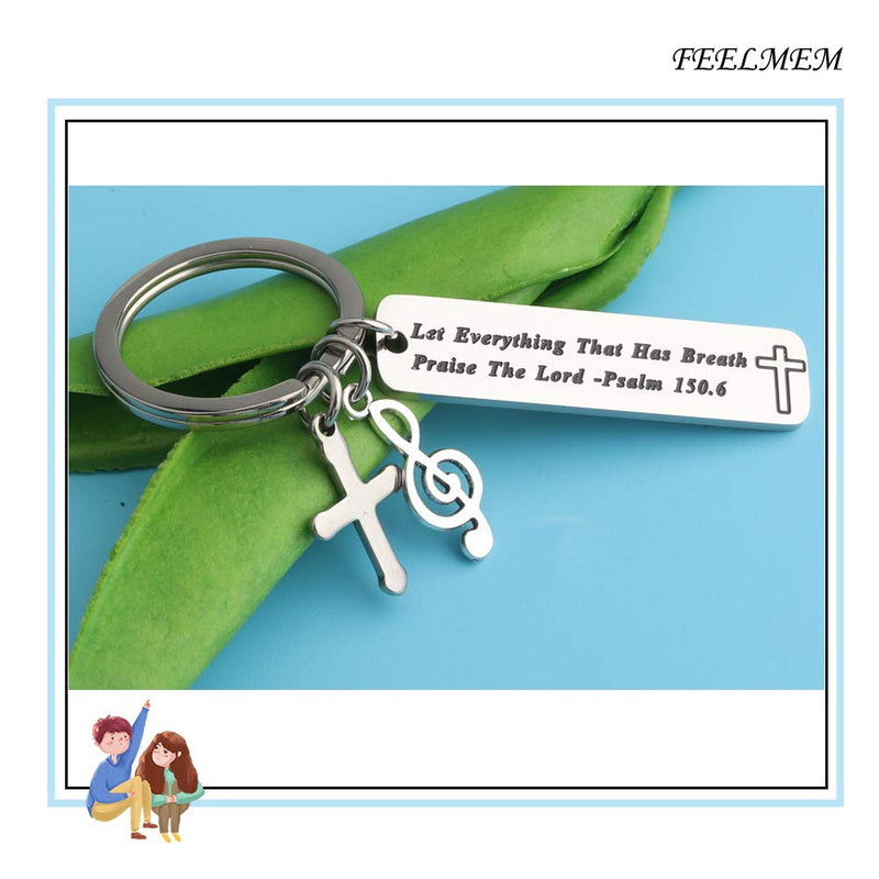 [Australia] - FEELMEM Music Lover Gift Let Everything That Has Breath Praise The Lord Bible Verse Keychain with Music Note Charm Cross Charm Musician's Prayer Jewelry Gift silver 