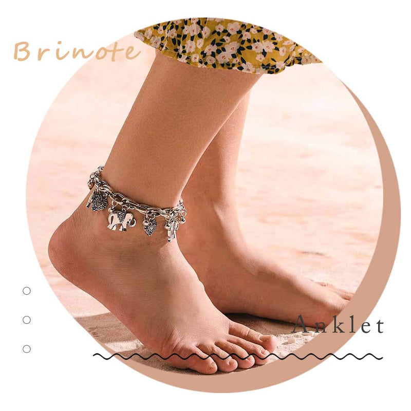 [Australia] - Brinote Boho Elephant Foot Chain Silver Heart Anklet Beach Bead Ankle Bracelet Jewelry for Women and Girls 