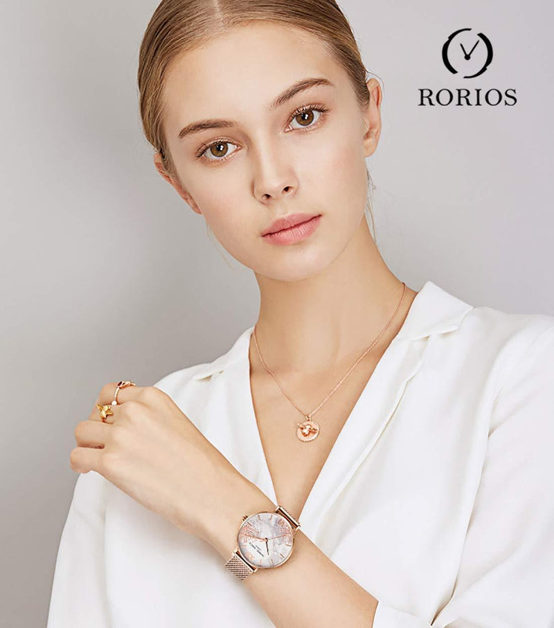 [Australia] - RORIOS Women Watch Beautiful Flower Dial Stainless Steel Mesh Strap Analogue Quartz Wristwatch Ladies Watch Female Watch Wrist Watch Rose Gold 