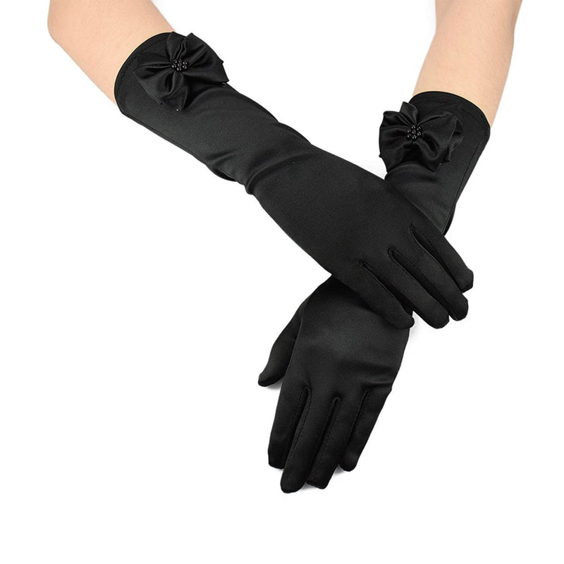 [Australia] - RUNHENG Kids Stretchy Satin Long Finger Dress Bowknot Gloves, 11.4 Inch Black 