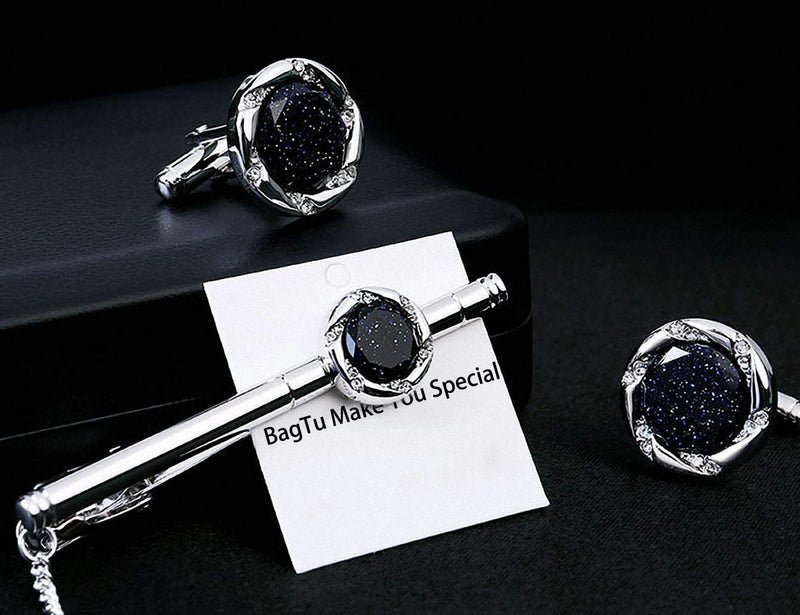 [Australia] - BagTu Crystal Galaxy Cufflinks and Tie Clip Set with Gift Box and Greeting Card, Round Dark Blue Cufflinks and Tie Clip Gift Set for Men 