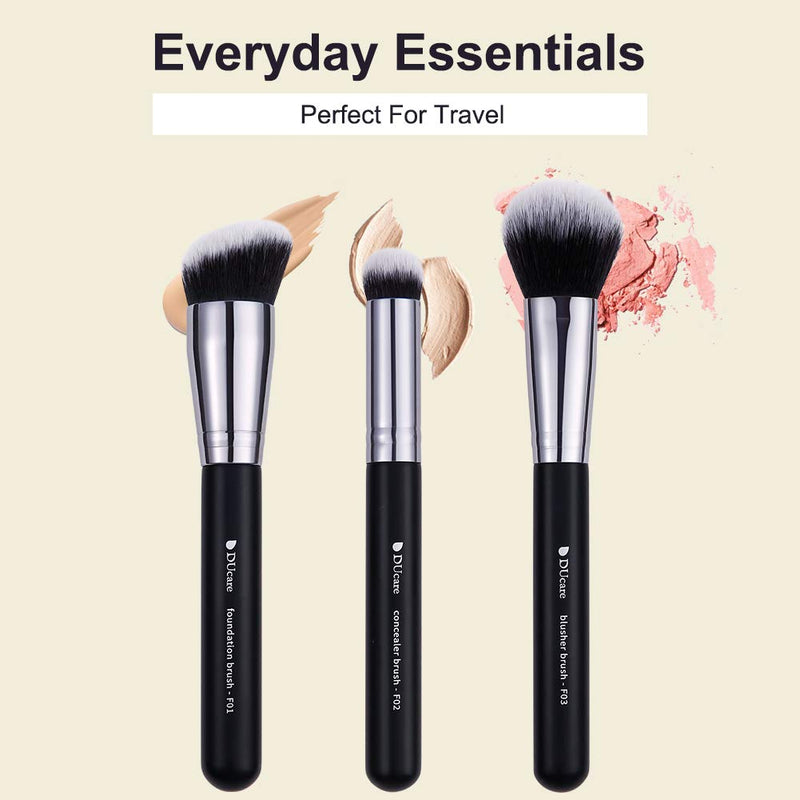 [Australia] - DUcare Makeup Kabuki Brushes 3Pcs Foundation Brush& Concealer Brush& Blusher Brush Face Blush Bronzer Travel Buffing Stippling Contour Liquid Blending Makeup brush set Black 