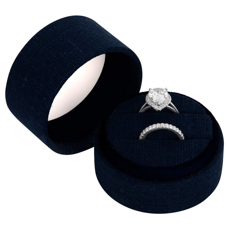 [Australia] - Koyal Wholesale Round Linen Ring Box, Navy Blue Color Double Ring Slot Wedding Ceremony Ring Box with Detachable Lid, 2 Piece Engagement Ring Box Holder, Proposal, Wedding, Heirloom, Ring Bearer Box 