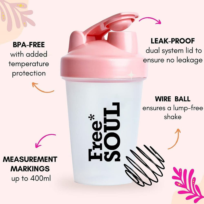 [Australia] - Free Soul Protein Shaker Bottle 400ml with Mixball | Pink | BPA Free | Mini Water Bottle for Protein Shakes | Small & Easy to Grip & Temperature Safe 