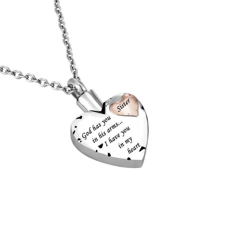 [Australia] - Double Heart Cremation Urn Necklace for Ashes Urn Jewelry Memorial Pendant, God has you in his arms I have you in my heart Sister 