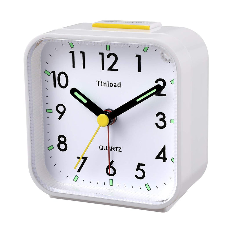 [Australia] - Tinload Small Battery Operated Analog Alarm Clock Silent Non Ticking, Ascending Beep Sounds, Snooze,Light Functions, Easy Set(White) White 