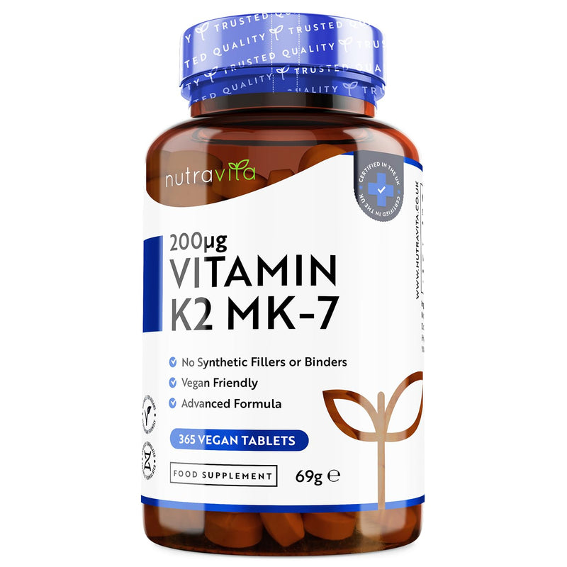 [Australia] - Vitamin K2 MK-7 200mcg - 365 Vegan Micro Tablets (Not Capsules) - Supports Maintenance of Normal Bones - High Strength Menaquinone MK7 - Made in The UK by Nutravita 