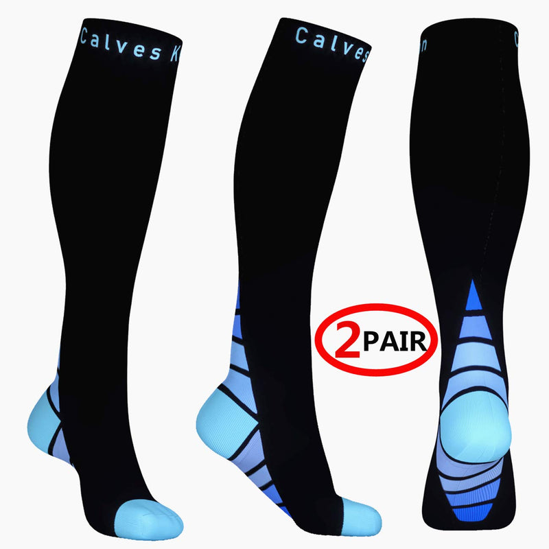 [Australia] - Calves Kelson (2 Pairs) Compression Socks/Stockings for Men & Women, Black & Blue S/M (For Women 4-6.5 / Men 4-8) 2 same pair, S-M 
