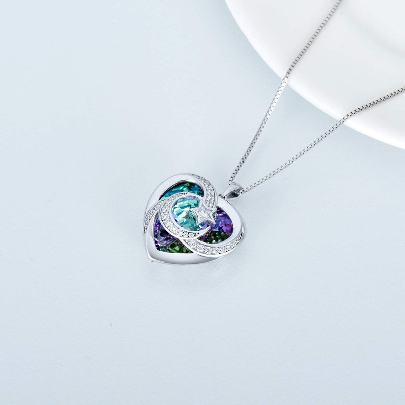 [Australia] - TOUPOP s925 Sterling Silver Moon and Star Heart Pendant Necklace with Blue/Purple Heart Crystal Jewelry Gifts for Women Teen Girls Birthday Christmas with purple heart crystal 