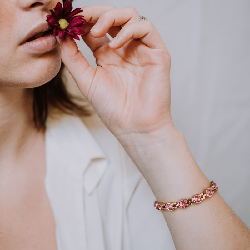 [Australia] - RainSo Womens Titanium Sparkly Crystal Magnetic Bracelet (Rose Gold Pink) Adjustable Magnetic Bracelet with Gift Box 