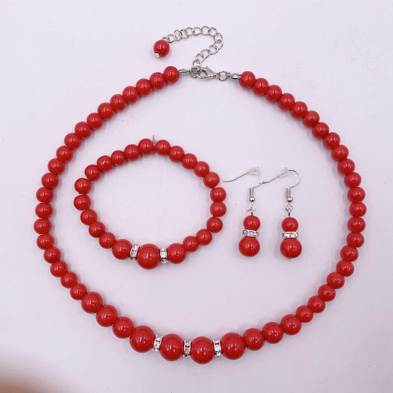 [Australia] - Femtindo Faux Pearl Necklace Earring and Bracelet Black Costume Jewelry Set for Women Red 