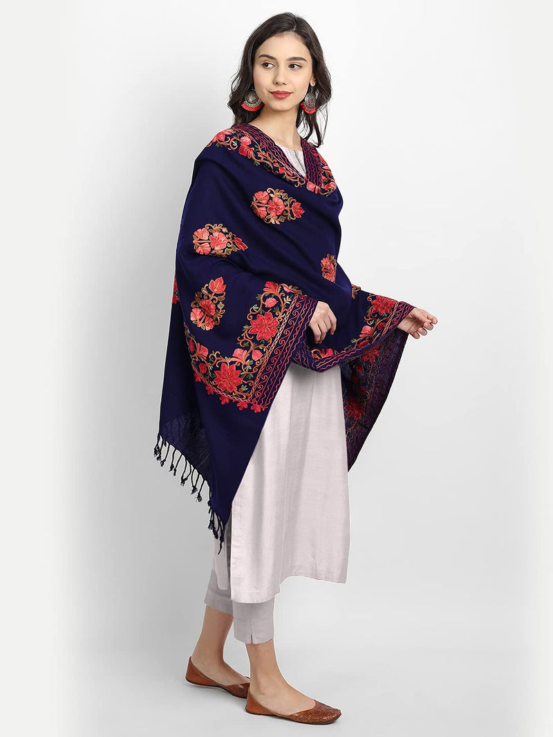 [Australia] - Kashmir Women Stole Shawl Scarf Wrap with Indian Embroidery Flower Blue 
