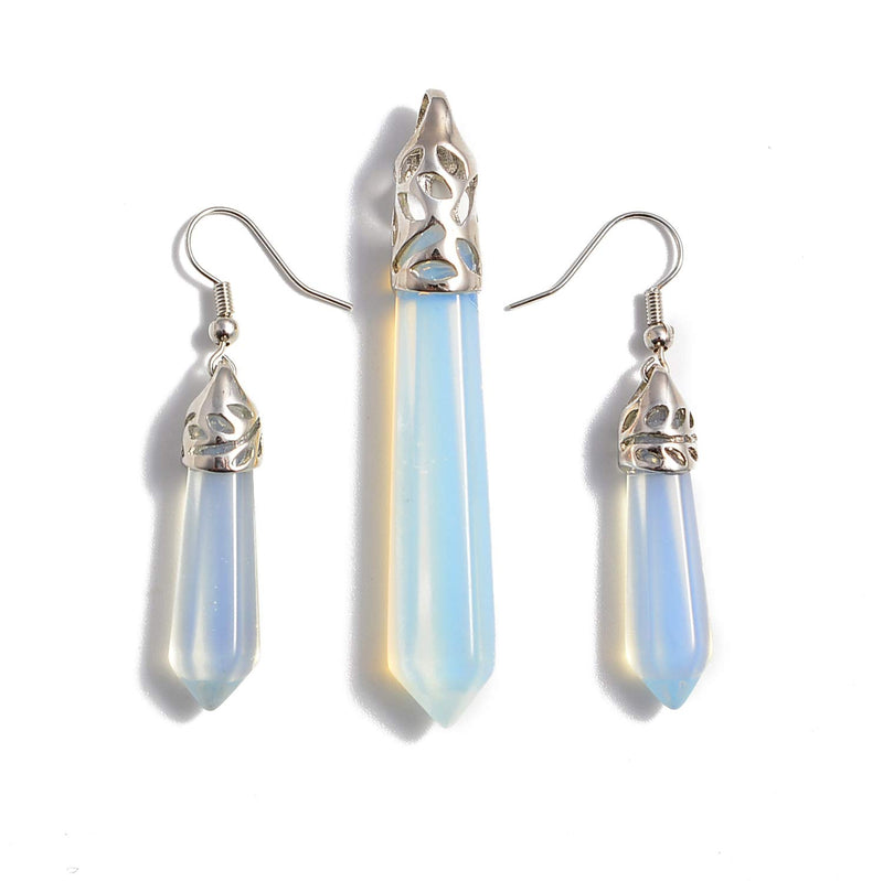 [Australia] - Natural Gemstones Hexagonal Pointed Reiki Chakra Pendant Necklace and Earring Set (White Opalite) White Opalite 