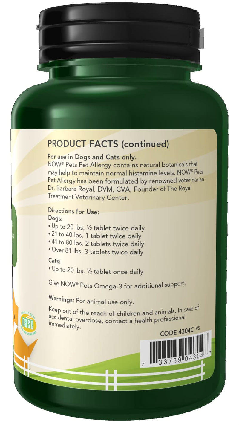 [Australia] - NOW Pet Health, Pet Allergy Supplement, Formulated for Cats & Dogs, NASC Certified, 75 Chewable Tablets 