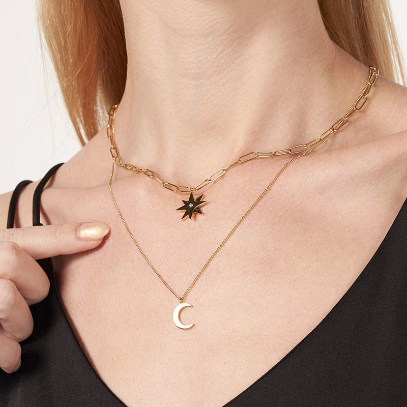 [Australia] - KLKE Layered Gold Necklaces for Women Jewelry Dainty Moon and Star Pendant Choker Necklaces for Women's Day Gifts 