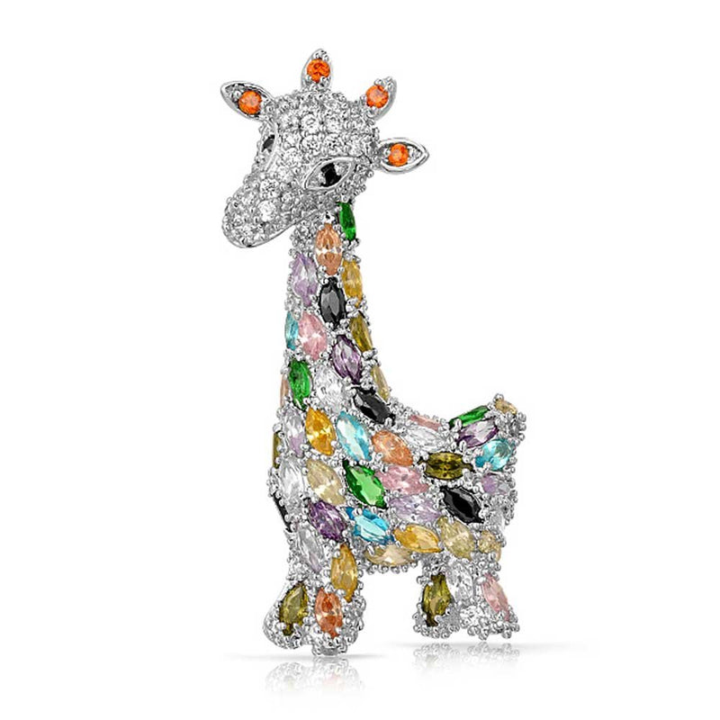 [Australia] - Bling Jewelry Giraffe Zoo Animal Brooch Pin for Women CZ Colorful Pave Cubic Zirconia Silver Tone Rhodium Plated 