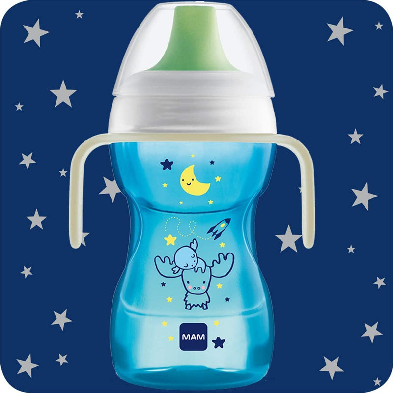 [Australia] - MAM Fun to Drink Cup & Glow Handles, Baby Bottle with Handles, Spill-Free Sippy Cup, Transition Drink Bottle for Babies and Toddlers, Blue 