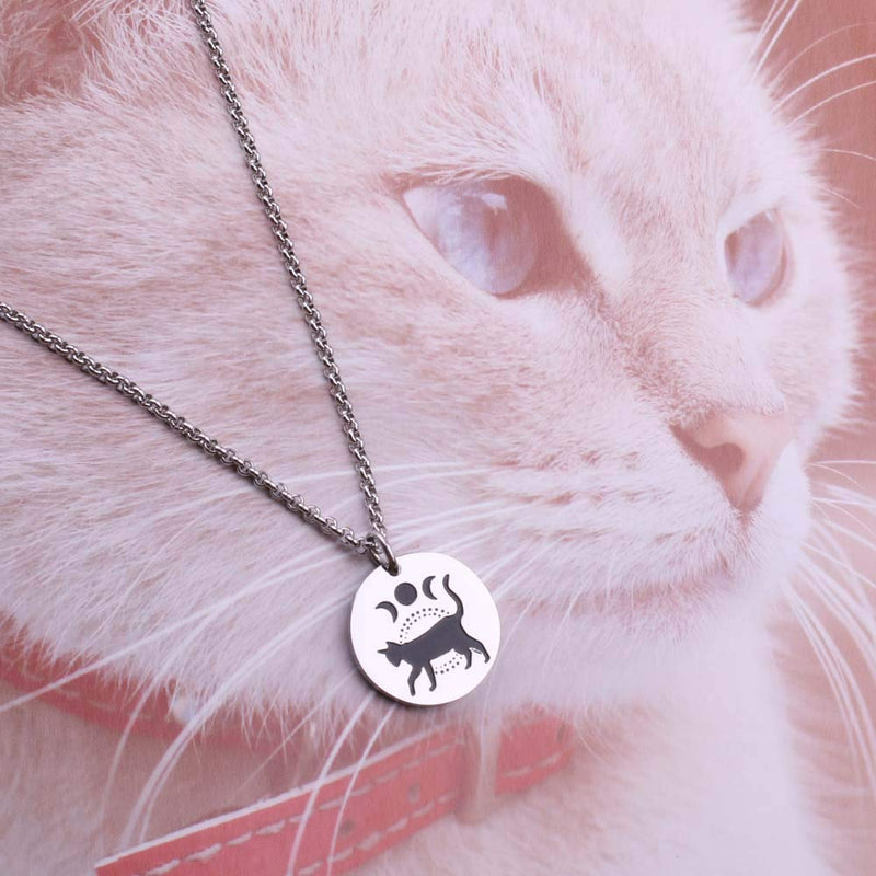 [Australia] - Moon Phase Witchcraft Black Cat Necklace Launar Phase Necklace silver necklace 