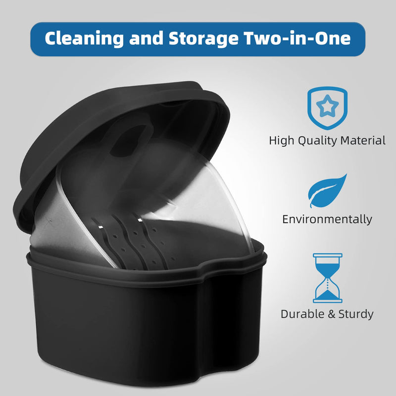 [Australia] - 1 Pcs Denture Cleaning Box with Drainage Baskets, Durable Denture Bath, Black 