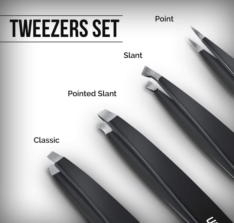 [Australia] - Professional Stainless Steel Tweezers Set (4-Piece) – Precision Tweezers for Ingrown Hair, Facial Hair, Splinter, Blackhead and Tick Remover Black 