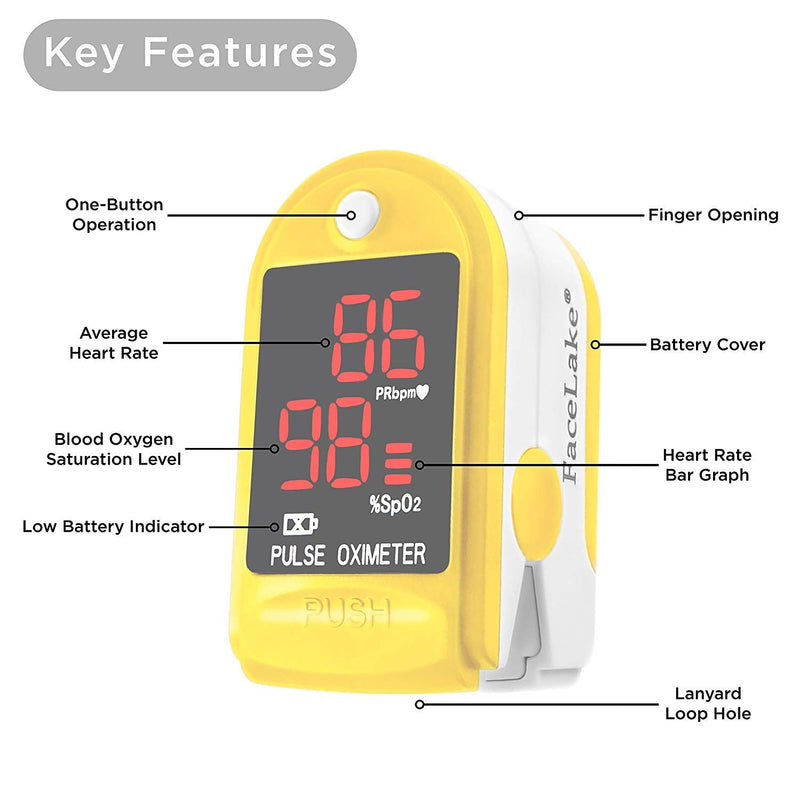 [Australia] - FaceLake FL400Y Pulse Oximeter Blood Oxygen Saturation Monitor, Neck/Wrist Cord, Carrying Case and Batteries Included, Yellow 
