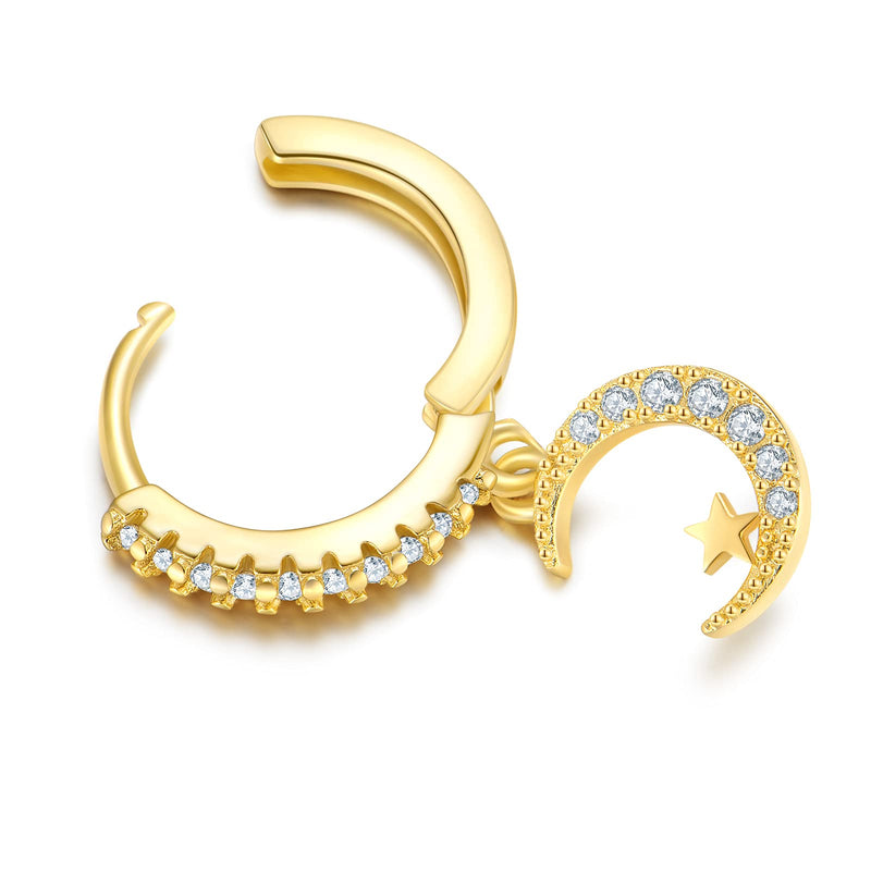 [Australia] - Moon Star 925 Sterling Silver Earrings For Women Girls, Dainty Drop/Dangle Huggie Earrings with Cubic Zirconia Unique Jewelry Gift Gold 