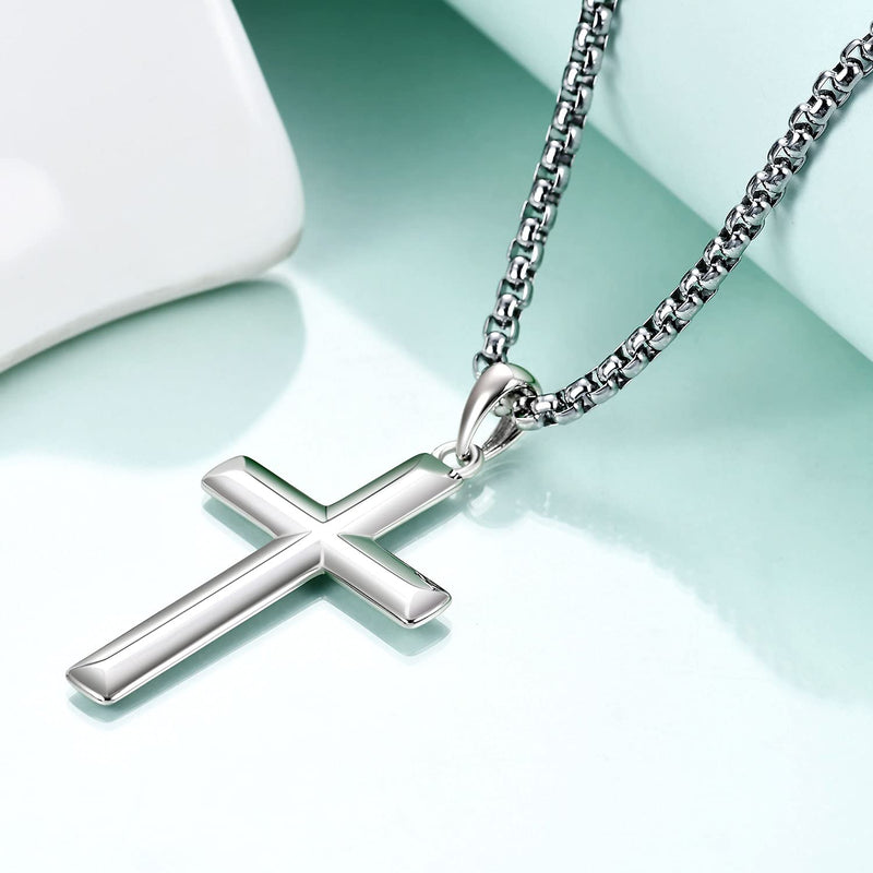 [Australia] - Men's Sterling Silver Cross Pendant Necklace with Stainless Steel Chain,Fine Jewelry for Men Boys 22.0 Inches 