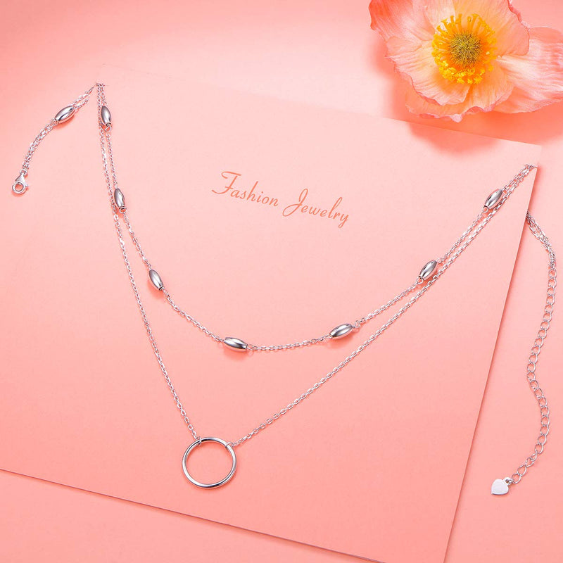 [Australia] - S925 Sterling Silver Layered Choker Jewelry Clavicle Double Short Chain Necklace Gift for Women Girls Oval Bead and Circle 