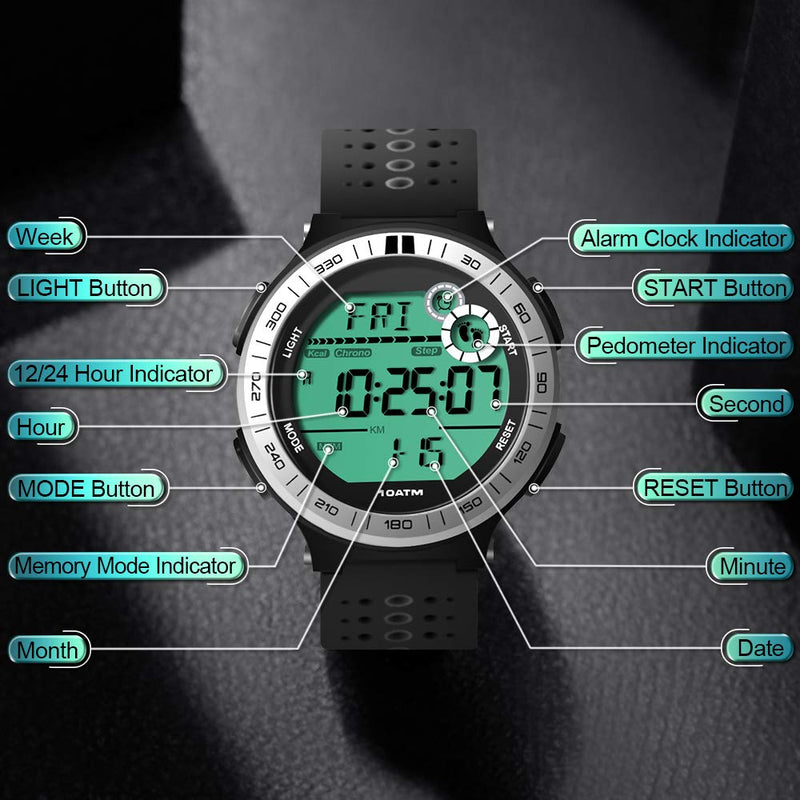 [Australia] - 10 ATM Waterproof Sports Watch Pedometer for Men Boys Scuba Diving Watch with Lap Stopwatch and Alarm Clock Function, 12/24 Hour Format Selectable 