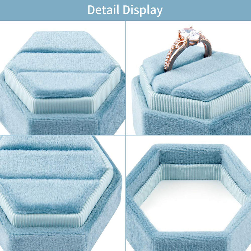 [Australia] - DesignSter Hexagon Velvet Ring Bearer Box - Premium Gorgeous Vintage Double Ring Display Holder with Detachable Lid for Proposal, Engagement, Wedding, Ceremony (Dark Blue) Dark Blue 