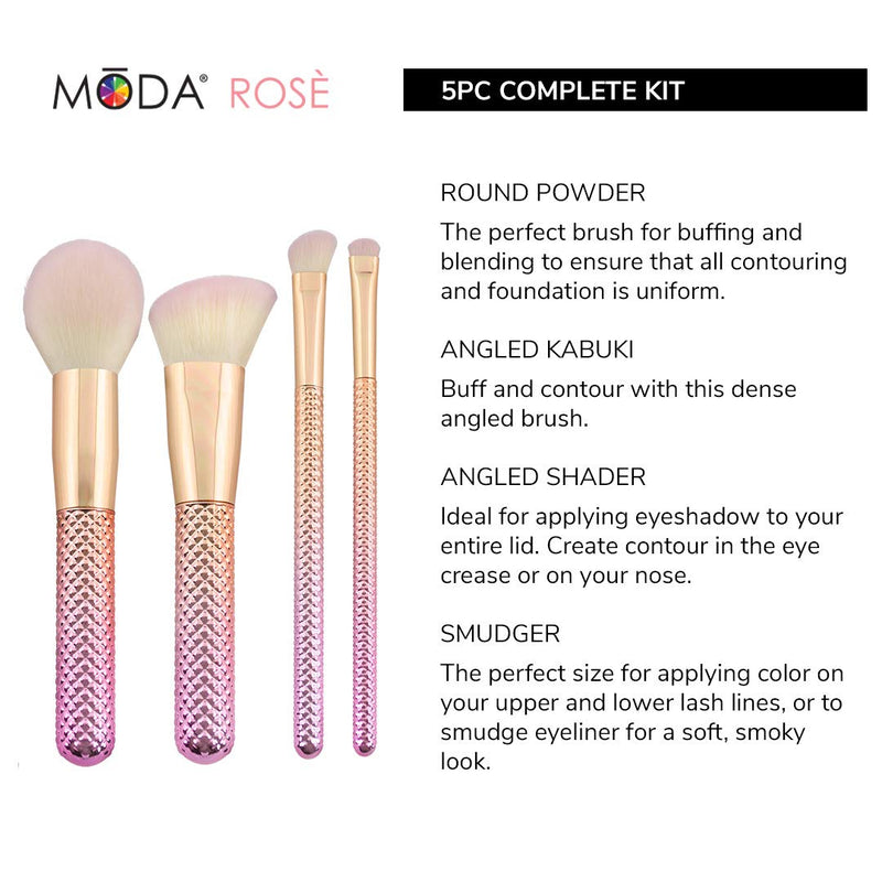 [Australia] - MODA Full Size Metallic Rose Complete Face 5pc Makeup Brush Set with Pouch, Includes - Round Powder, Angle Kabuki, Angle Shader, and Smudger Brushes, Rose Ombre 