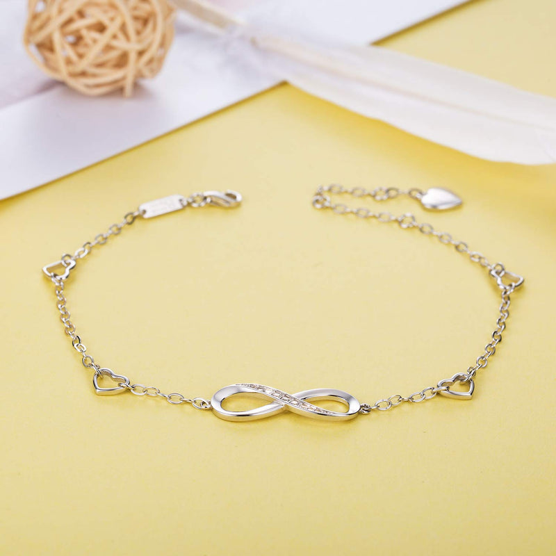 [Australia] - Billie Bijoux Womens 925 Sterling Silver Infinity Anklet Bracelet Endless Love Symbol Charm Adjustable Large Bracelet, Gift for Women A- Silver 