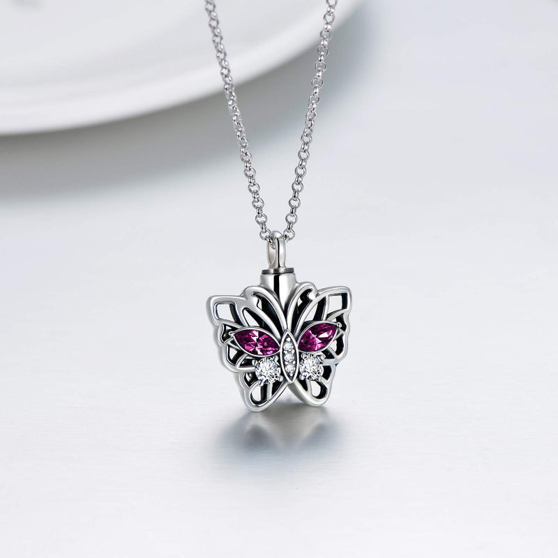 [Australia] - AOBOCO Cremation Jewelry 925 Sterling Silver Heart Flower Butterfly Urn Necklace for Ashes, Cremation Keepsake Necklace Embellished with Austrian Crystal, Women Memorial Jewelry 07_Butterfly-Simulated Amethyst 