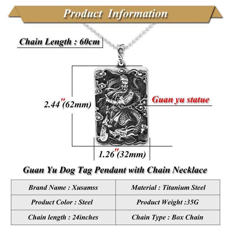 [Australia] - Xusamss Punk Rock Titanium Steel Dragon Guan Yu Dog Tag Pendant Necklace,24" Link Chain 316L Steel Guan Yu 