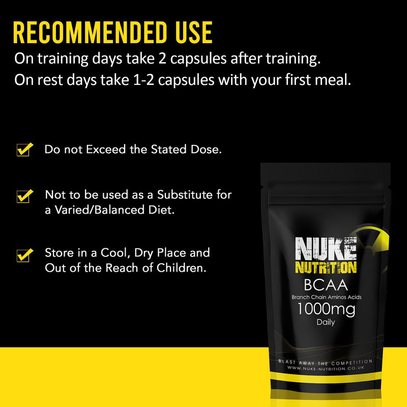 [Australia] - Nuke Nutrition BCAA Capsules | 60 Capsules 1000mg | Advanced Essential Amino Acids Supplement to Build Lean Muscle | Boost Recovery, Muscle Building & Growth | Leucine, Isoleucine & Valine | Vegan 60 Count (Pack of 1) 