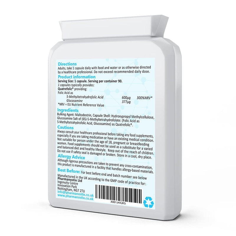 [Australia] - Folic Acid 600�g 90 Capsules as Quatrefolic Methyl Folate 5-MTHF Supplement - The 4th Generation of Folate-Superior Bioavailable Activated Vitamin B9 - UK Manufactured-Pharmanostix 