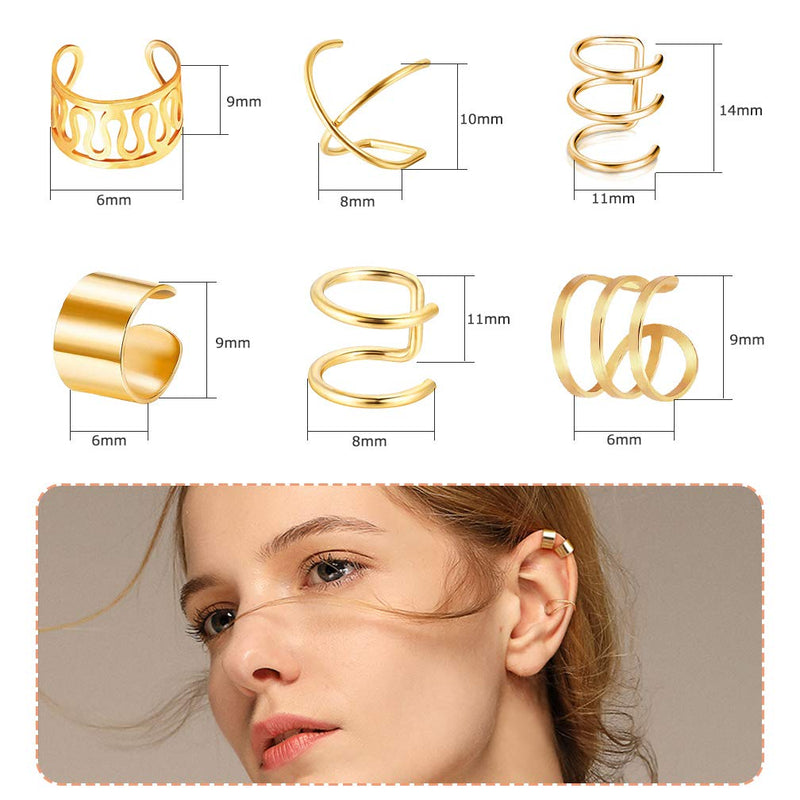 [Australia] - 18 Pairs Ear Cuff, Roctee 6 Styles Cartilage Clip On Earrings Set Stainless Steel Ear Clip Fake Cartilage Earring Non Piercing Helix Cartilage Ear Clip (Gold/Silver/Rose) 