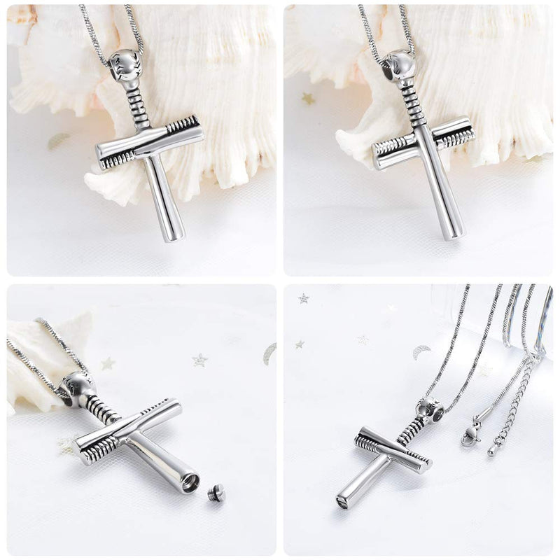 [Australia] - Yinplsmemory Sport Cross Cremation Jewelry Stainless Steel Baseball Bat Cross Unisex Pendant Memorial Urn Necklace for Men/Women,Urn Locket Ashes Holder Cremation Keepsake Silver 