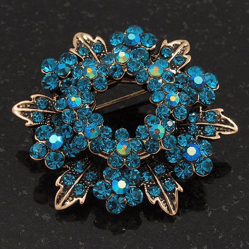 [Australia] - Avalaya Turquoise Coloured Crystal Wreath Brooch in Antique Gold Metal - 4cm Diameter 