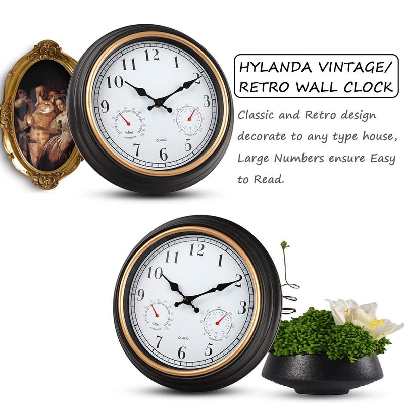 [Australia] - HYLANDA 12 Inch Indoor/Outdoor Retro Silent Non Ticking Wall Clock with Thermometer&Hygrometer Combo, Decorative Wall Clocks Battery Operated for Kitchen Home Bathroom Patio(Black Gold) 12 Inch Black-gold 