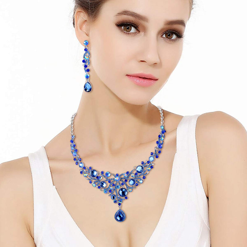 [Australia] - EVER FAITH Deluxe Teardrop Austrian Crystal Pendant Necklace Earrings Set Silver-Tone Blue 