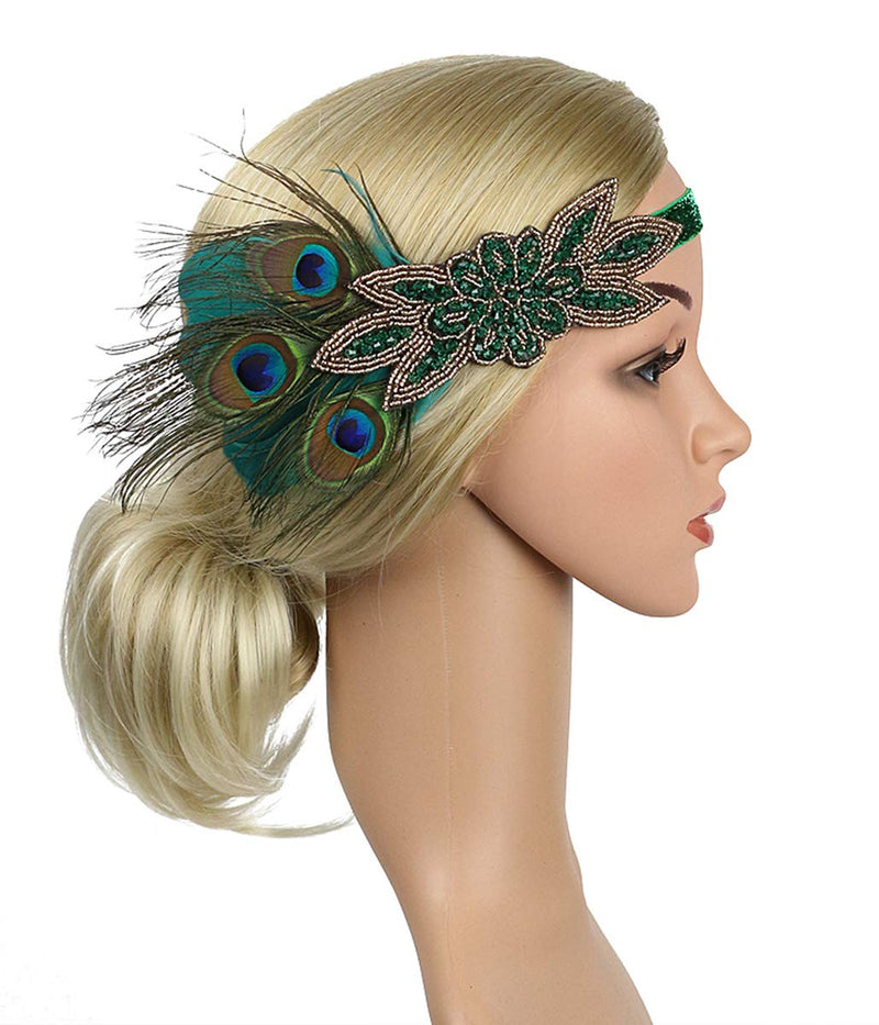 [Australia] - Z&X Vintage 1920s Black Feather Headpiece Gold Beaded Art Deco Flapper Headband 12a Green 